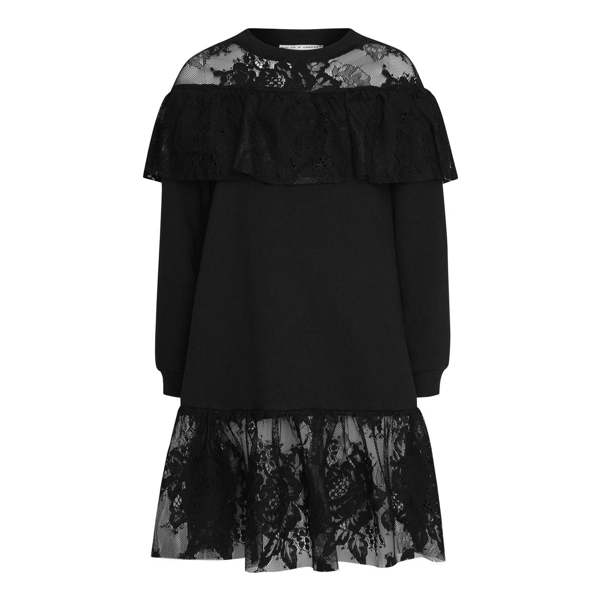 Engraved Flowers Lace Frill Dress - Black