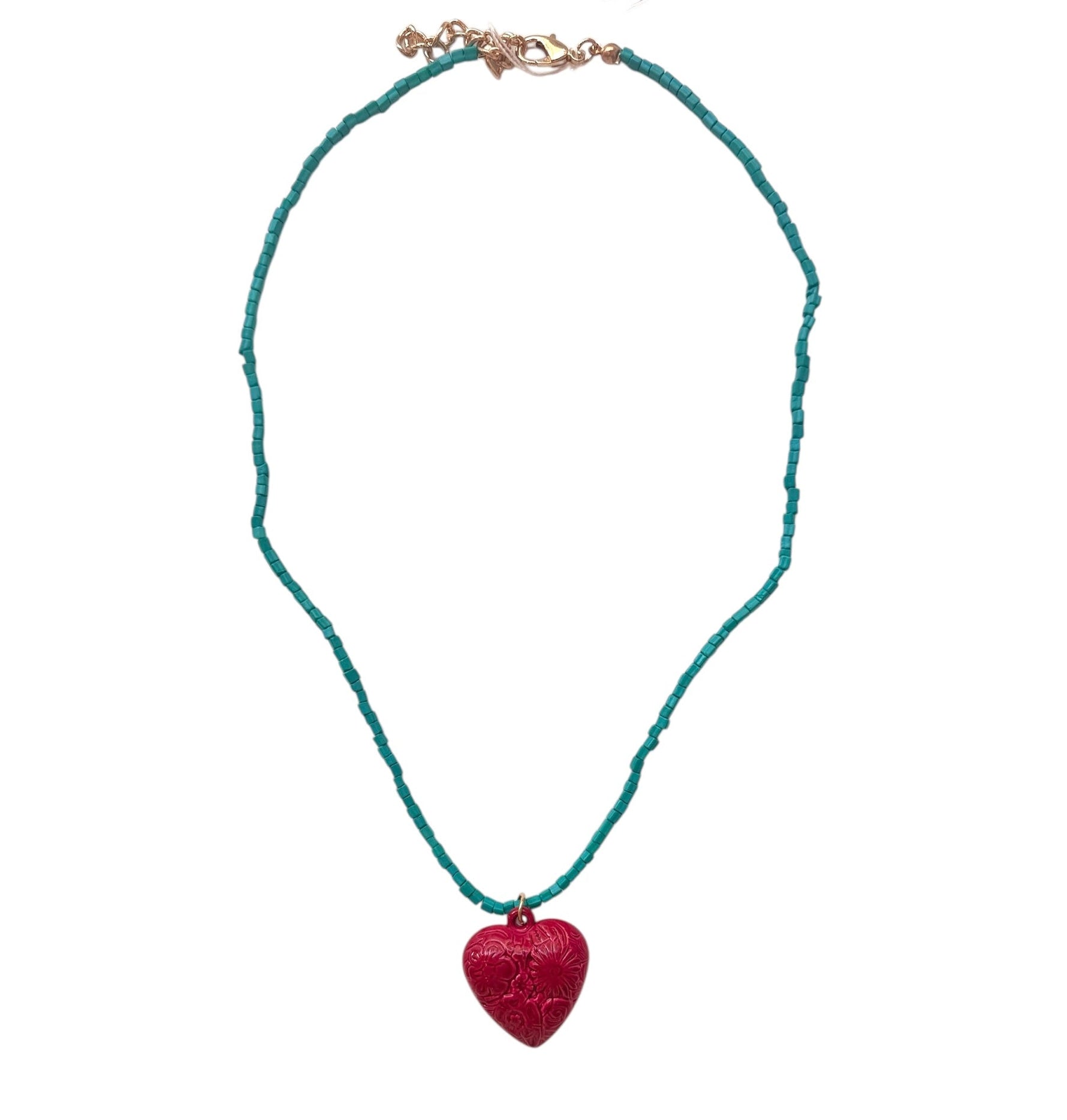 Big Red Heart Pendant With Blue Beads Necklace