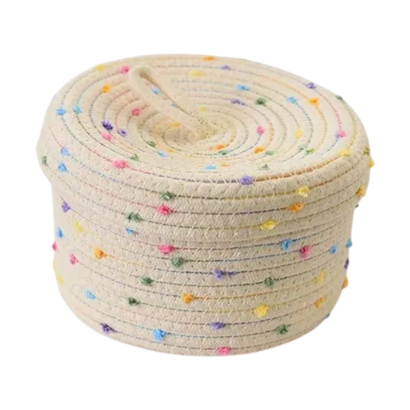 Pastel Polka Dot Woven Basket With Lid - Large
