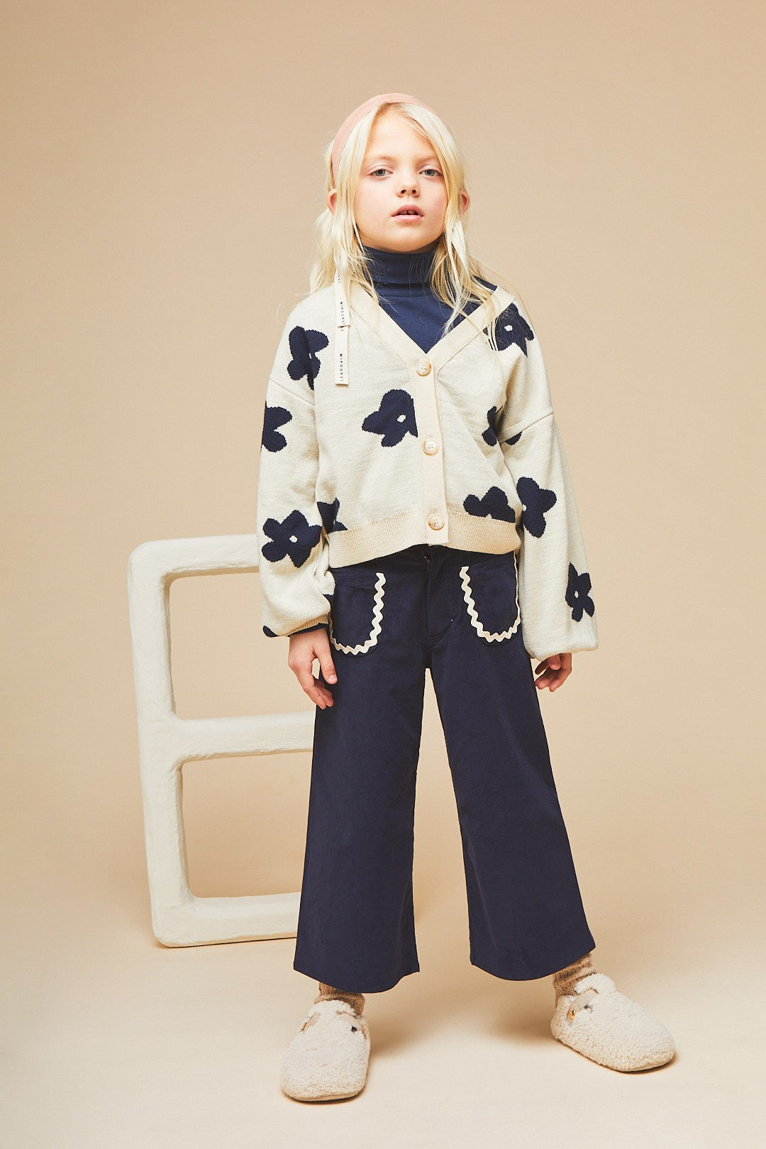Flora Boxy Wool Cardigan - Ecru / Blue - 2 Years