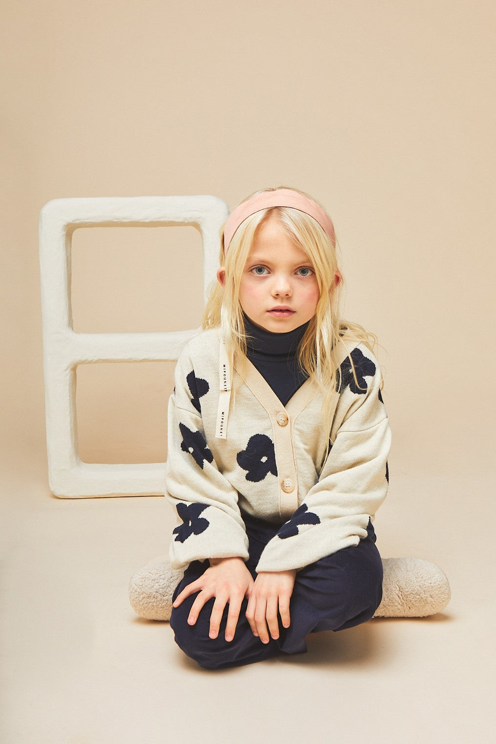 Flora Boxy Wool Cardigan - Ecru / Blue - 2 Years