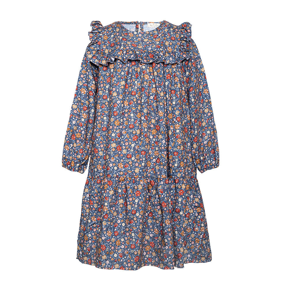 Floral Dress With Ruffles - Night Blue