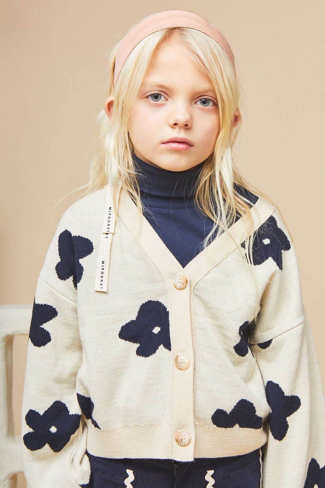 Flora Boxy Wool Cardigan - Ecru / Blue - 2 Years