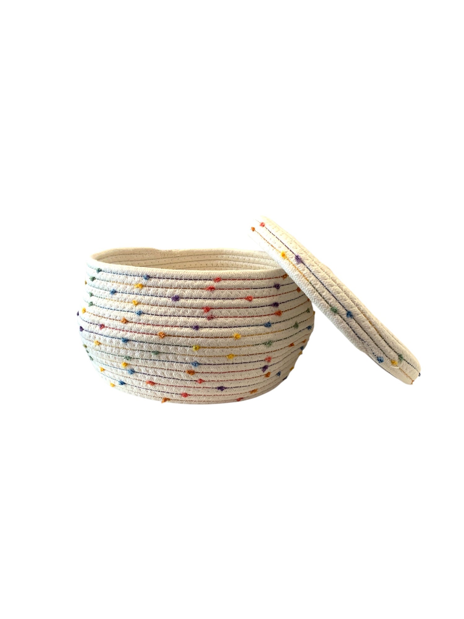 Circular Woven Basket With Lid - Colored Dots (Big)