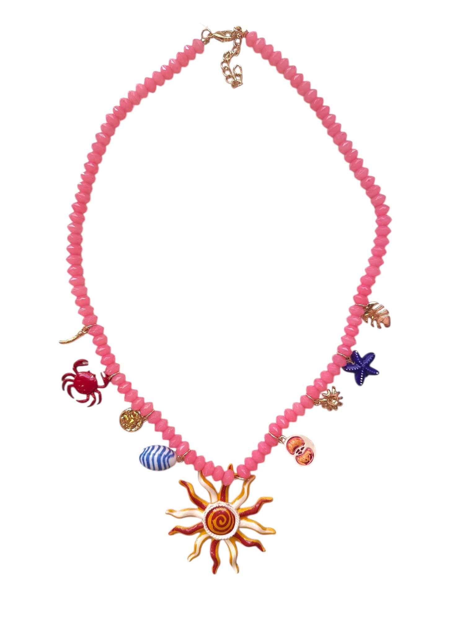 Big Sun Red & White Pendant With Pink Beads Necklace