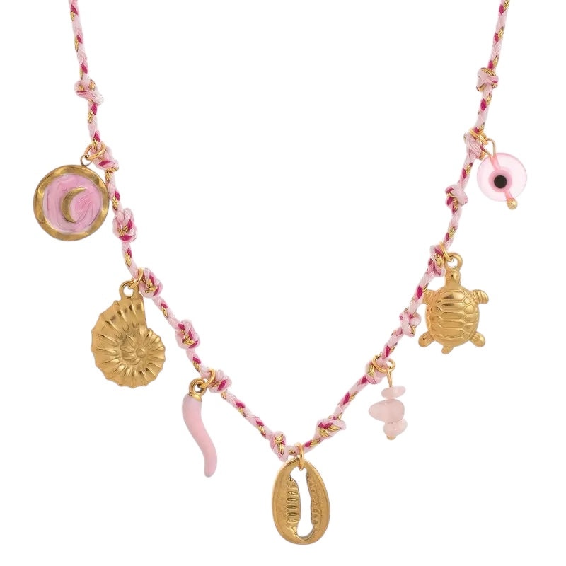 Ocean Turtle Chill Evil Eye Pink Necklace - Gold