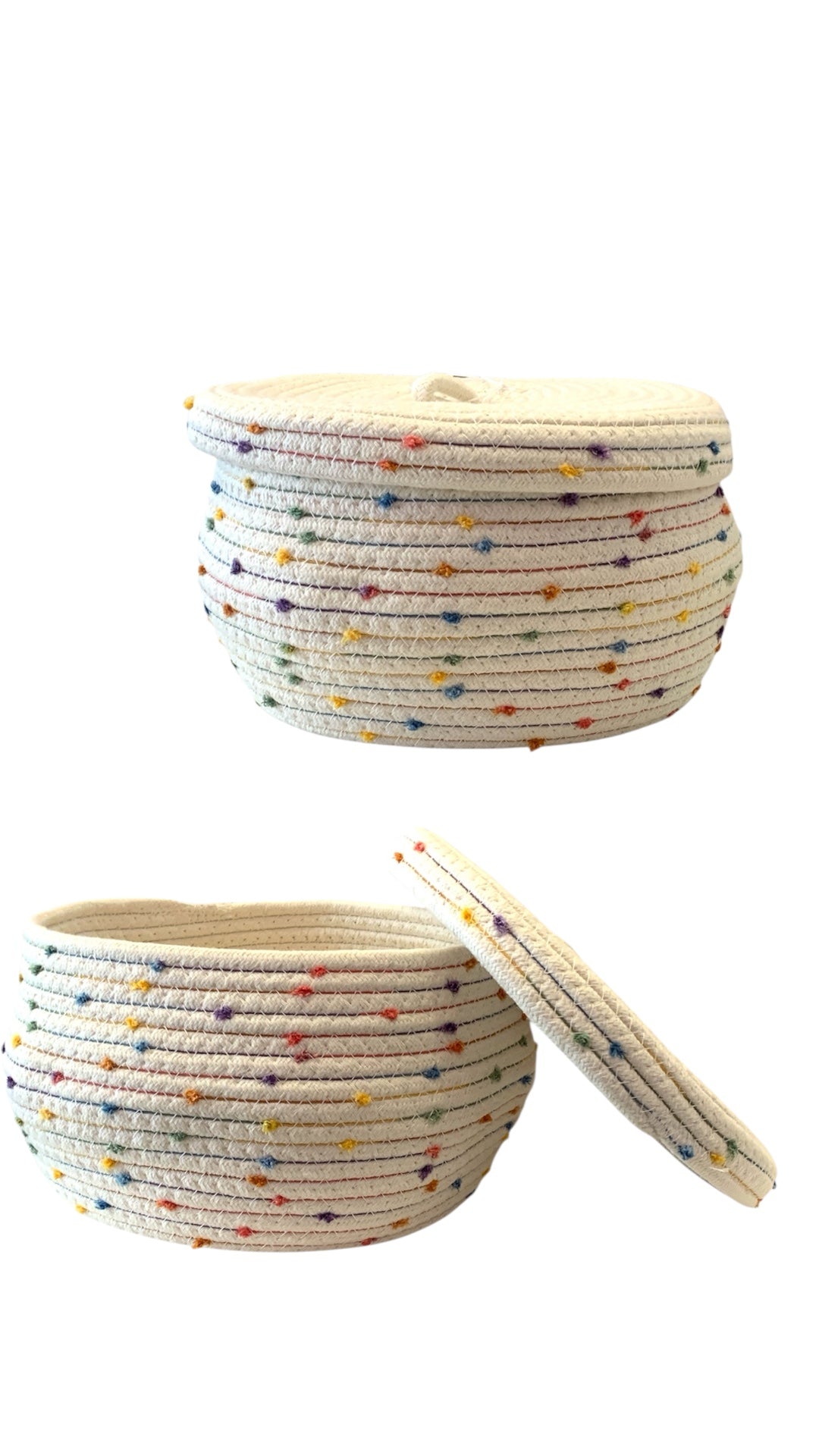Circular Woven Basket With Lid - Colored Dots (Big)